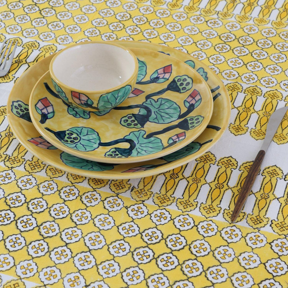 Yellow Block-Printed Cotton Dining Table Cloth