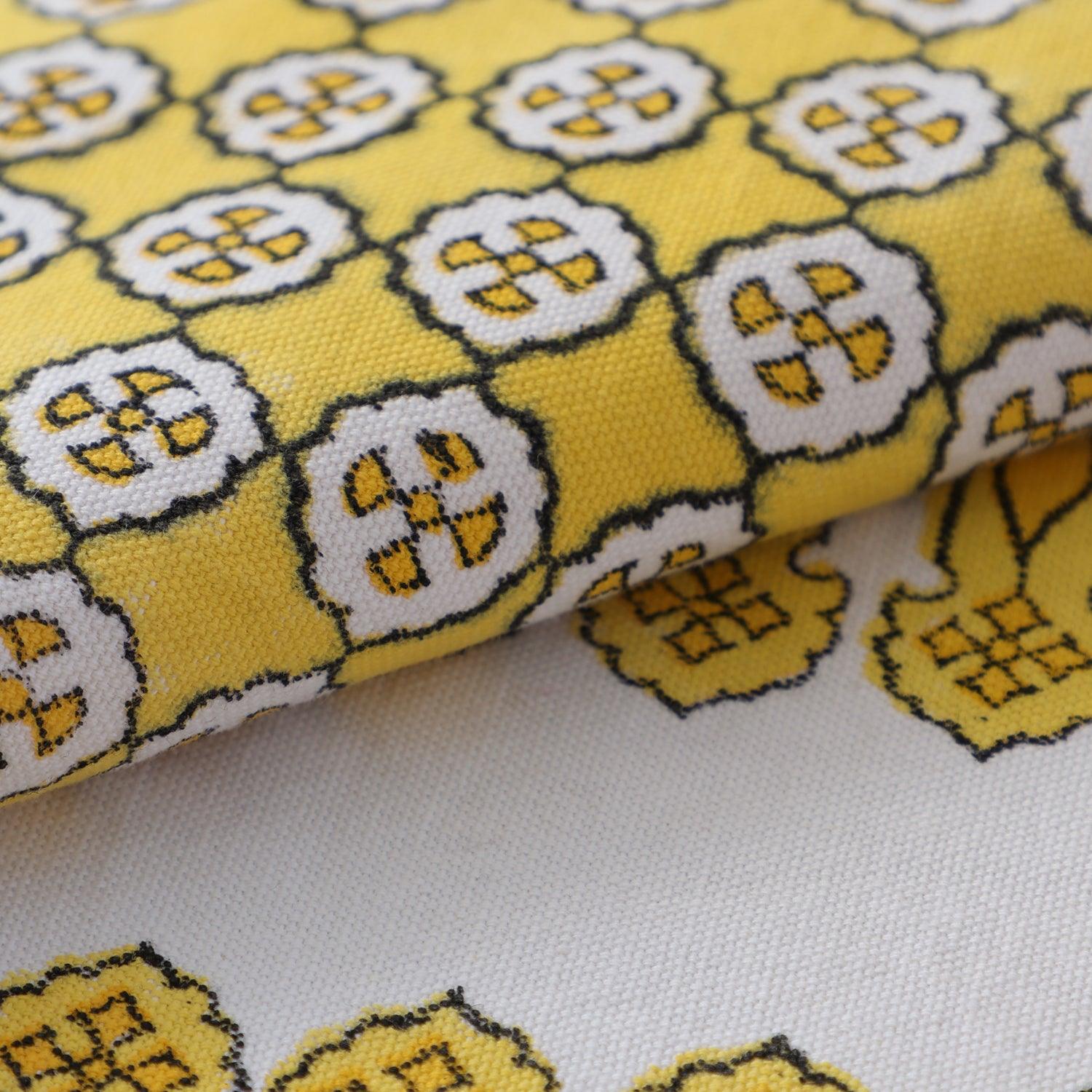 Yellow Block-Printed Cotton Dining Table Cloth
