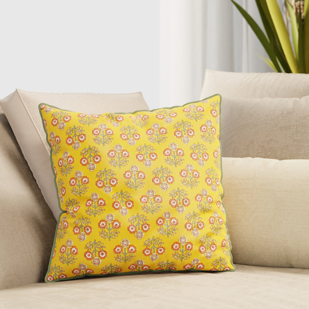 Yellow Block Printed Cotton Cushion Cover Set of 2