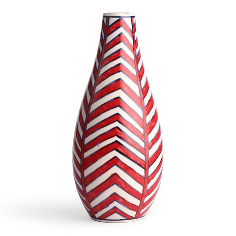 Zig-Zag Hand-Painted Ceramic Flower Vase - 11x5, Red - Eyaas