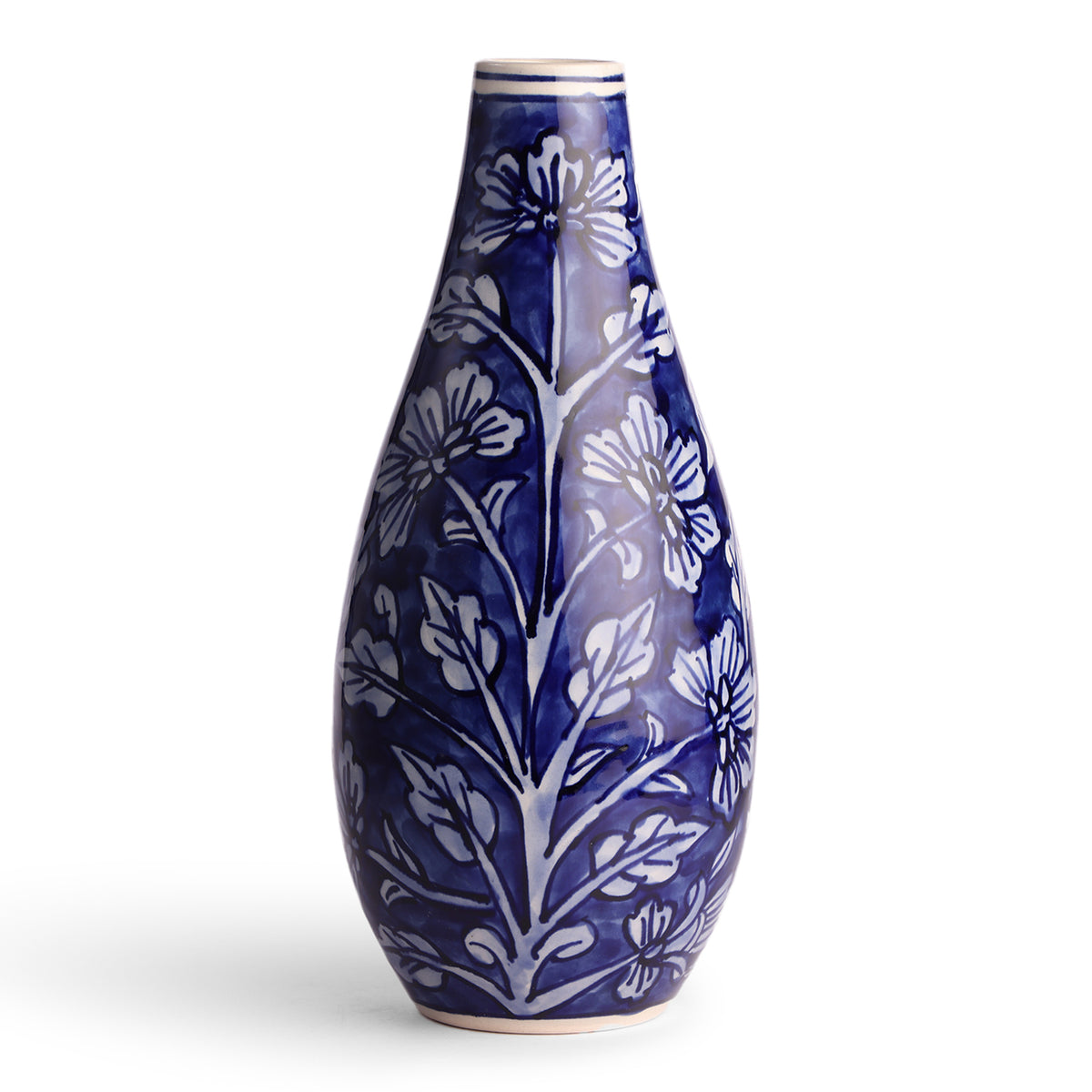 Floral Hand-Painted Ceramic Flower Vase - 11x5, Blue