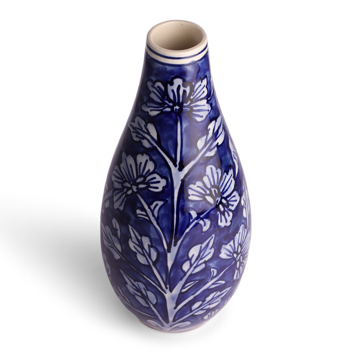 Floral Hand-Painted Ceramic Flower Vase - 11x5, Blue