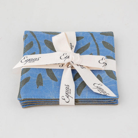 Batik Fabric Coasters Set of 4, Blue & Green, Leaf - Eyaas