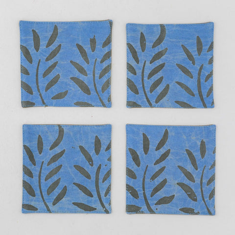 Batik Fabric Coasters Set of 4, Blue & Green, Leaf - Eyaas