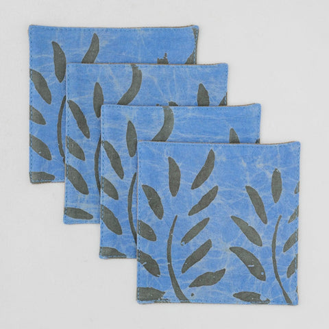 Batik Fabric Coasters Set of 4, Blue & Green, Leaf - Eyaas