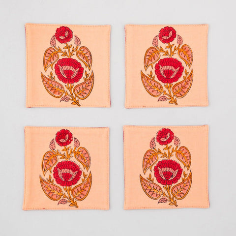 Block Printed Fabric Coasters, Red/Orange, 4x4 - Eyaas