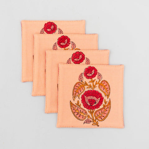 Block Printed Fabric Coasters, Red/Orange, 4x4 - Eyaas