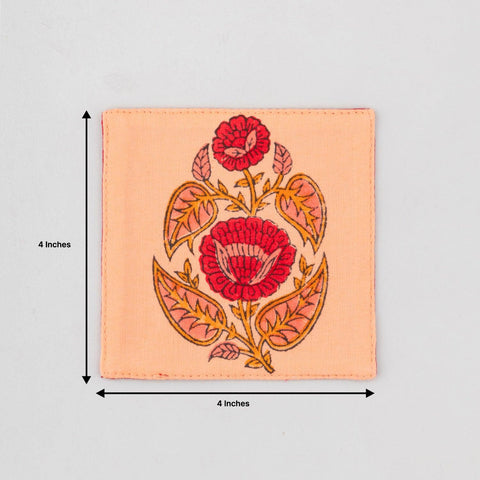 Block Printed Fabric Coasters, Red/Orange, 4x4 - Eyaas
