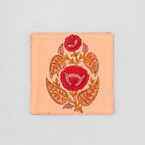 Block Printed Fabric Coasters, Red/Orange, 4x4 - Eyaas