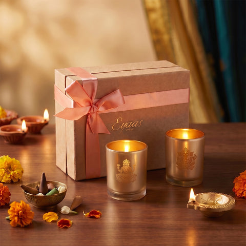 Ganesh Laxmi Etched Glass Tea-Light Holders Gift Set