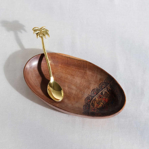 Oval Peacock Hand-Painted Acacia Wood Platter - Set of 2