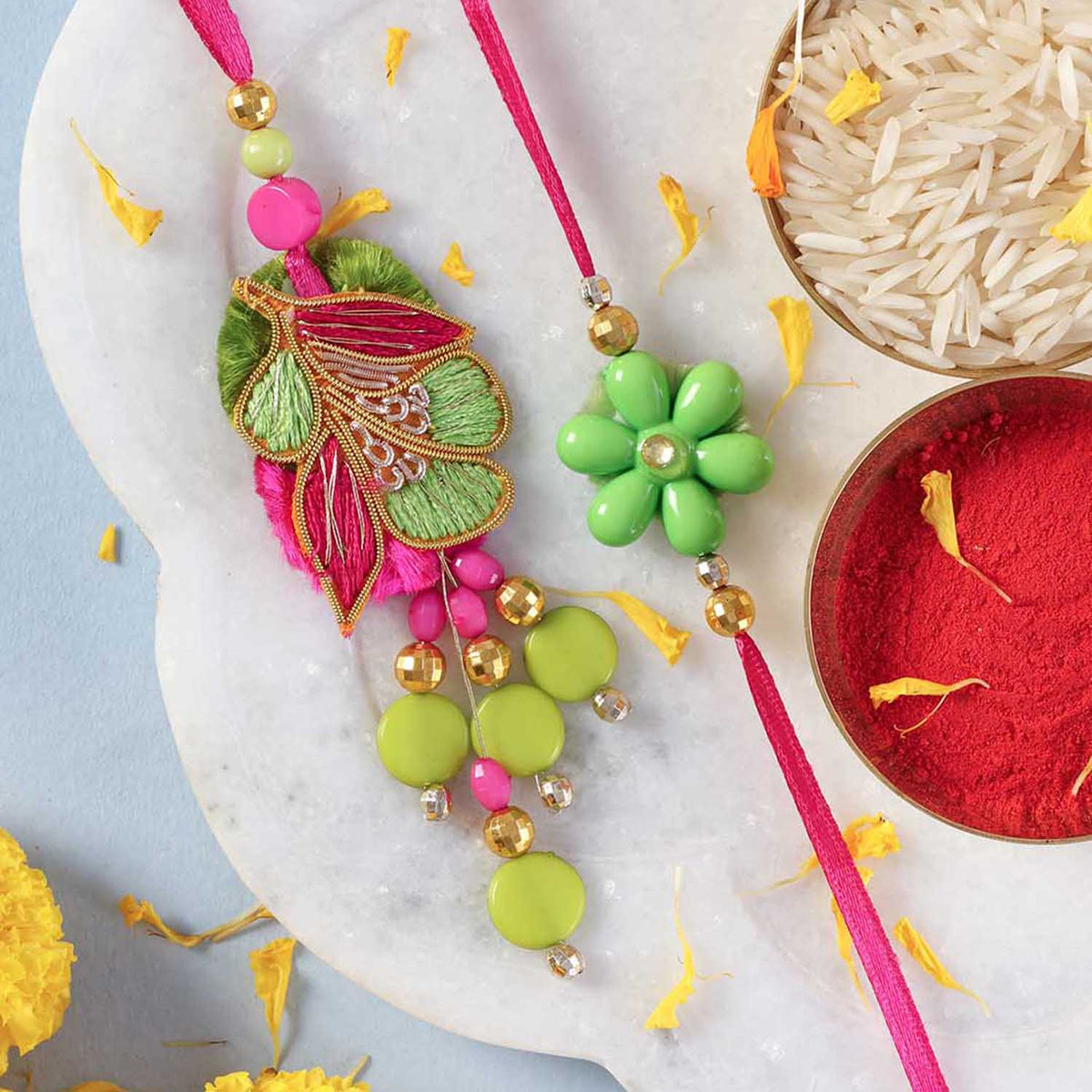 Flower Rakhi and Lumba Set with Roli Tika