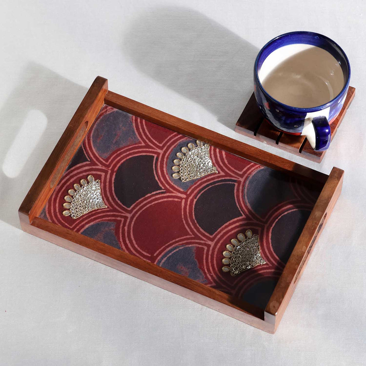 Sheesham Wood & Gota Work Cotton Ajrakh Tray