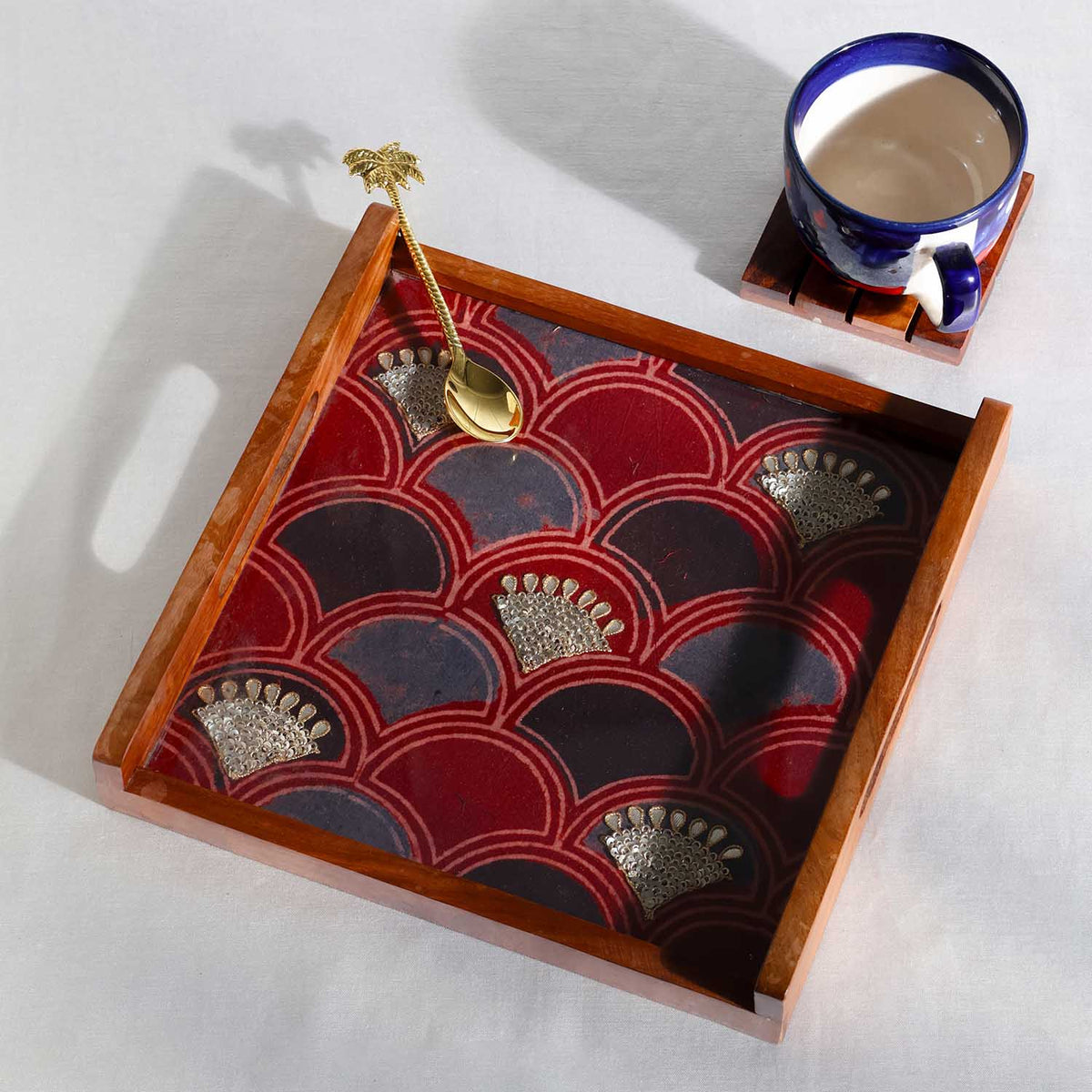 Square Sheesham Wood & Gota Work Ajrakh Tray