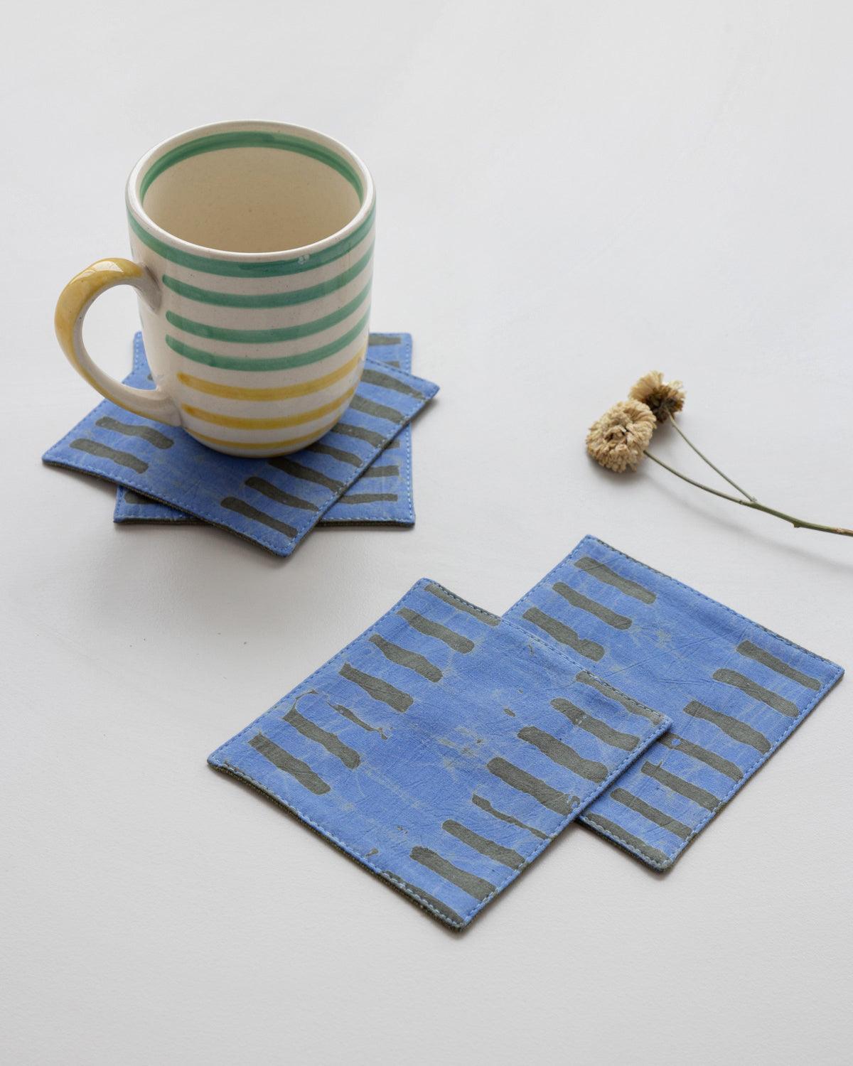 Fabric Coasters Set of 4, Blue & Green, Striped - Eyaas
