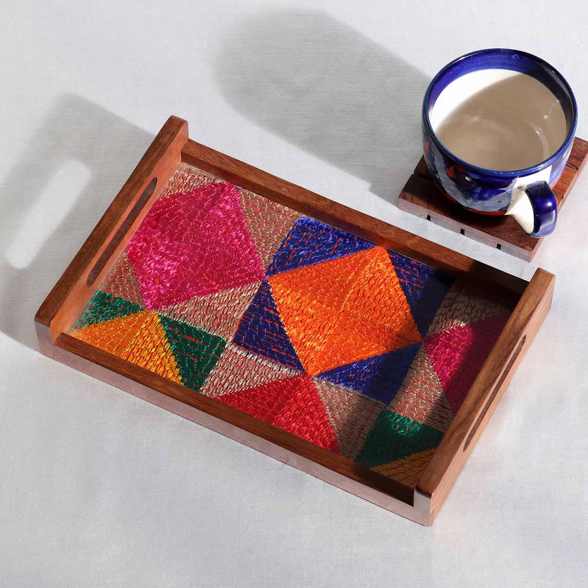 Sheesham Wood & Phulkari Silk Tray Multi-Colour