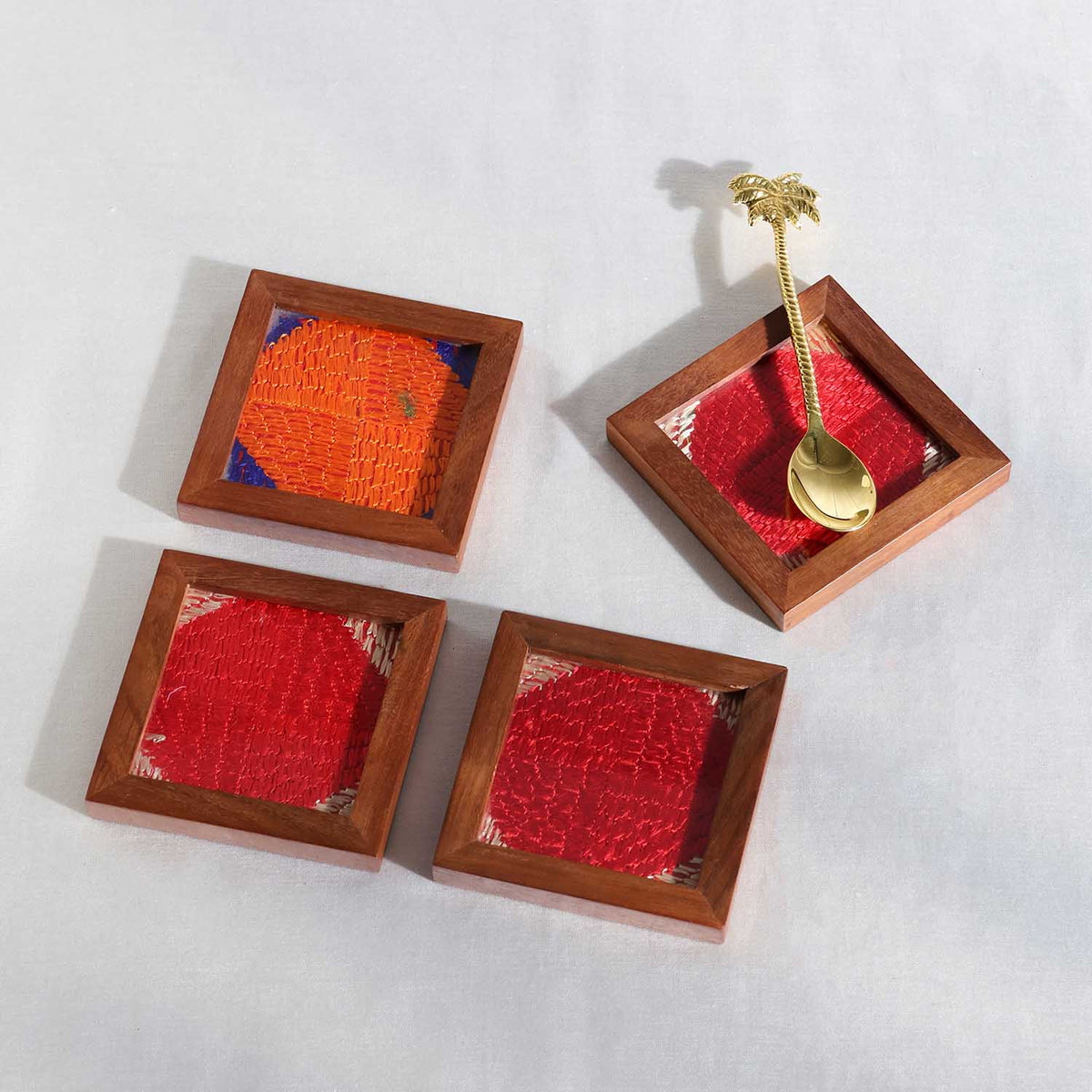 Wood & Multi-Colour Phulkari Coasters Set of 4