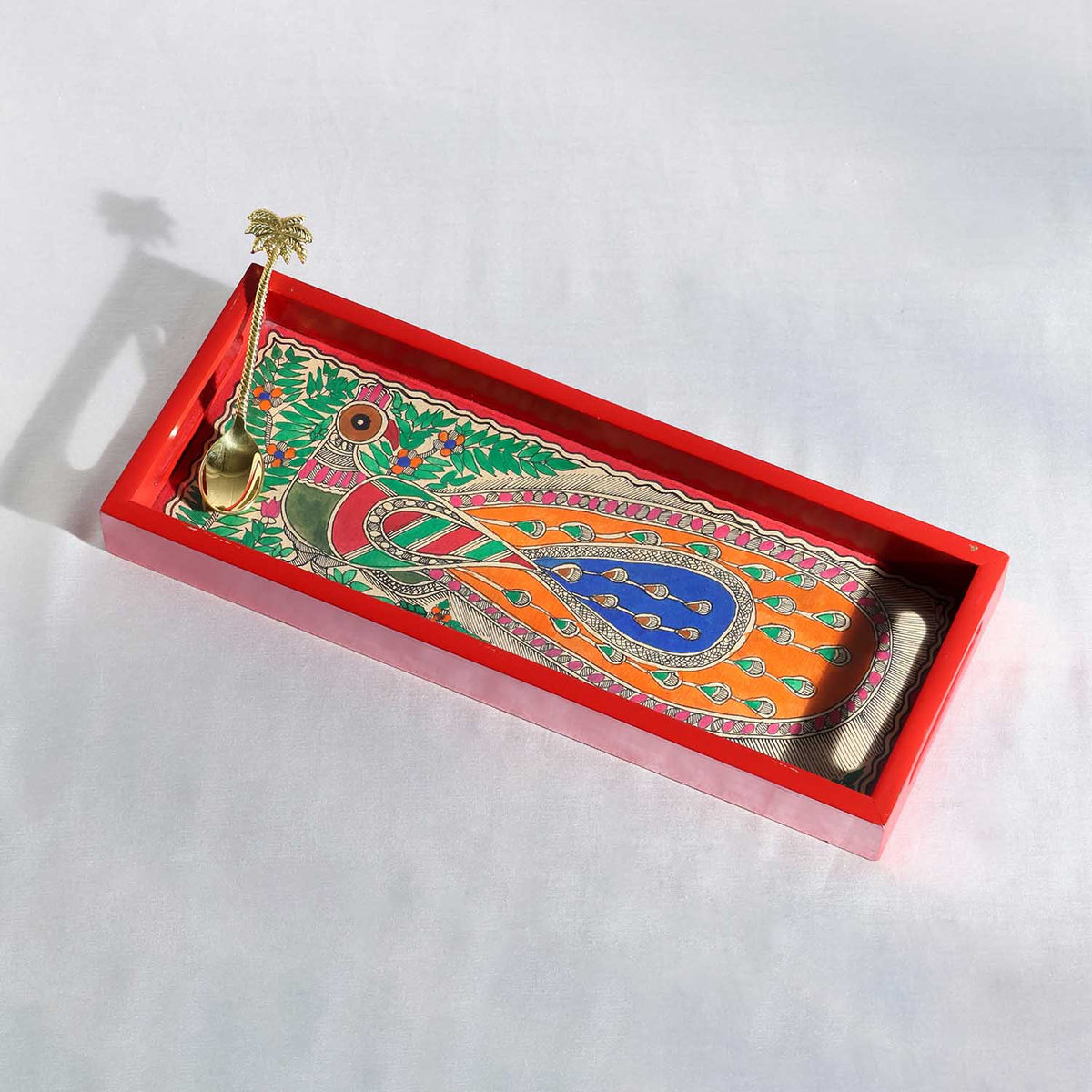 Red Madhubani Hand-Painted Sheesham Wood Tray