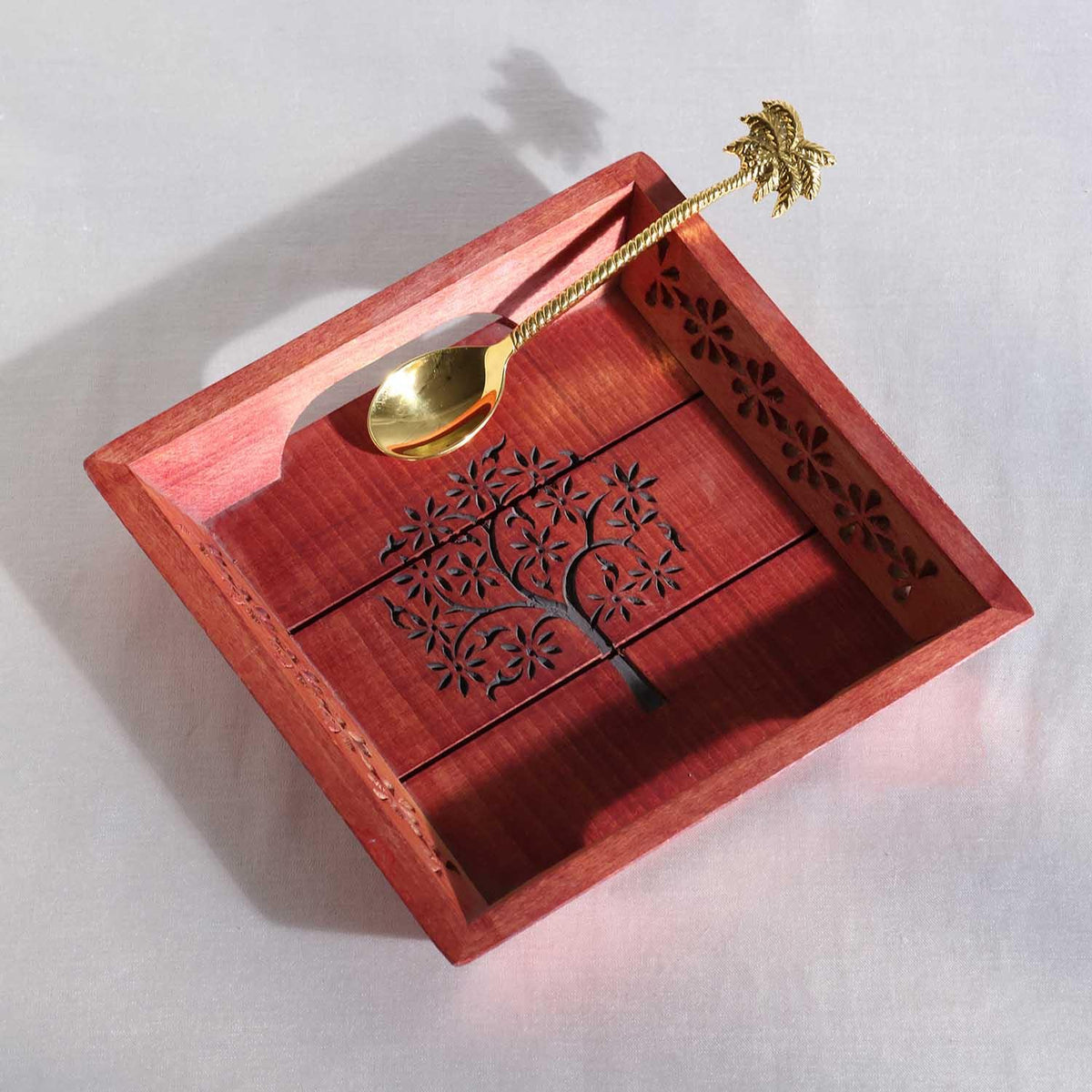 Tree of Life Hand-Carved Red Square Sheesham Wood Tray