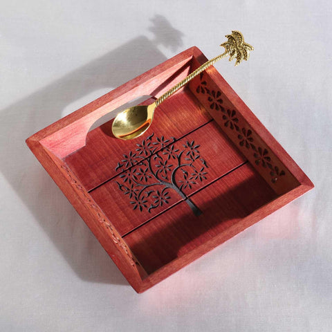 Tree of Life Hand-Carved Red Square Sheesham Wood Tray