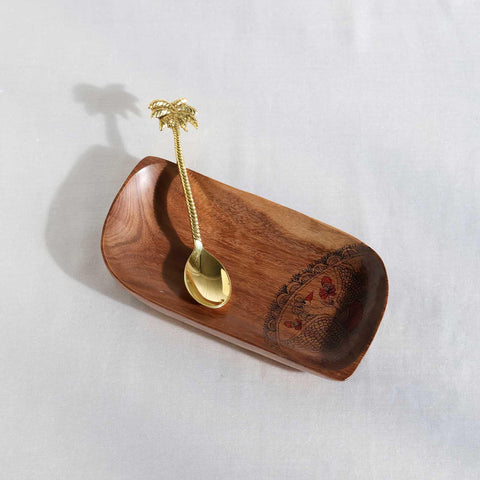 Leaf-Shaped Peacock Hand-Painted Acacia Wood Platter - Set of 2