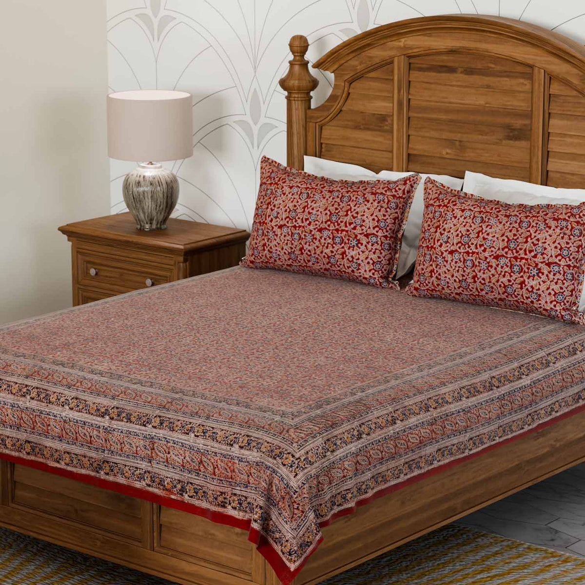 Floral Block Printed Kalamkaari Bedcover & Pillow Cases