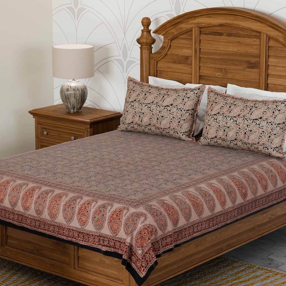 Paisley Block Printed Kalamkaari Bedcover & Pillow Cases
