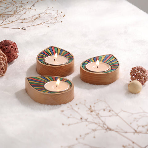Handcarved Rainbow Raindrop T-Light Holder Set of 3