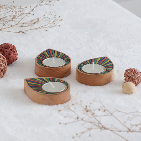 Handcarved Rainbow Raindrop T-Light Holder Set of 3