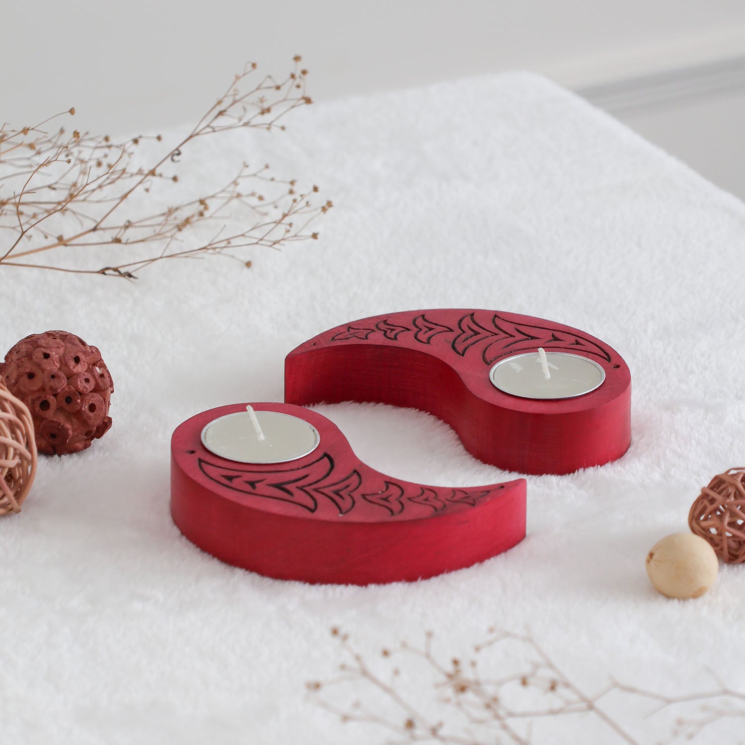 Ying Yang Bird T-Light Holders Red Set of 2