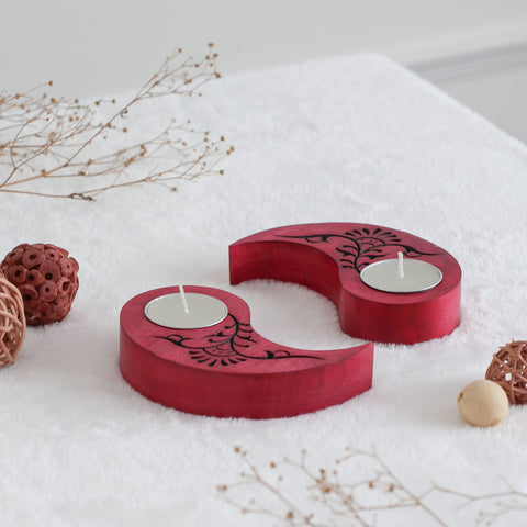 Ying Yang Floral T-Light Holders Red Set of 2