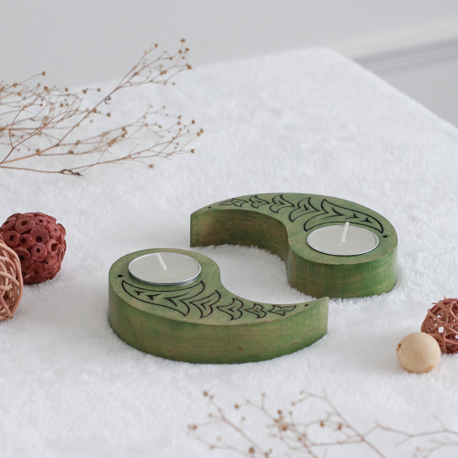 Ying Yang Bird T-Light Holders Green Set of 2