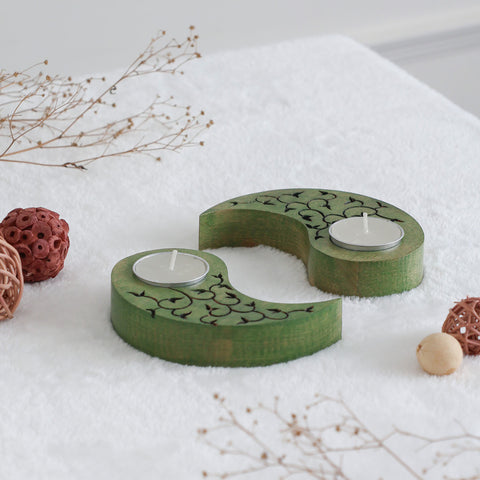 Ying Yang Leaves T-Light Holders Green Set of 2