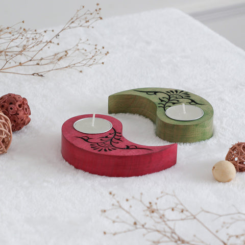 Ying Yang Floral T-Light Holders Red & Green Set of 2