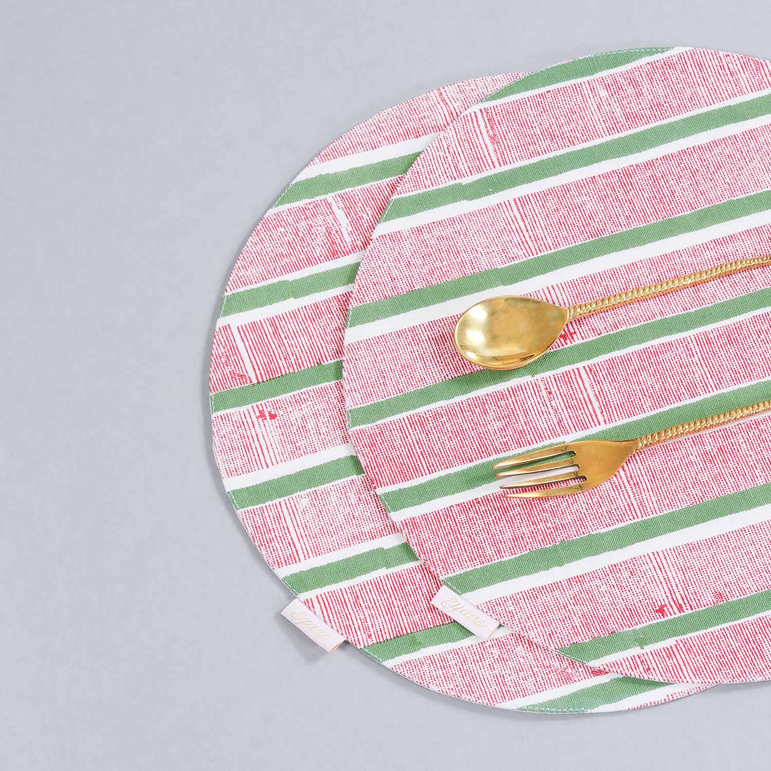 Red & Green Stripe Round Placemat Block Printed 
Set of 2