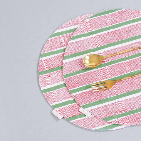 Red & Green Stripe Round Placemat Block Printed 
Set of 2