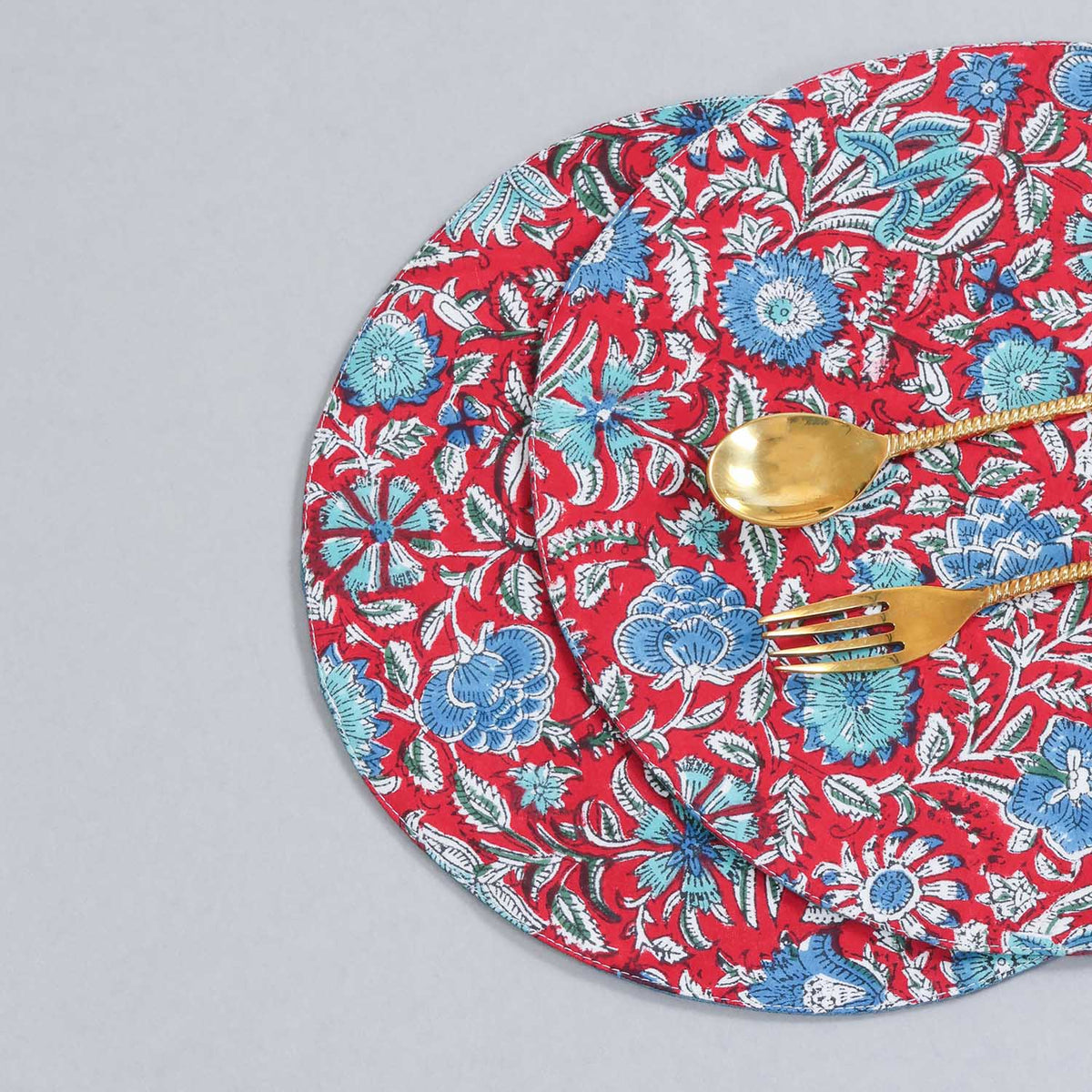 Red & Blue Round Placemat Block Printed 
Set of 2