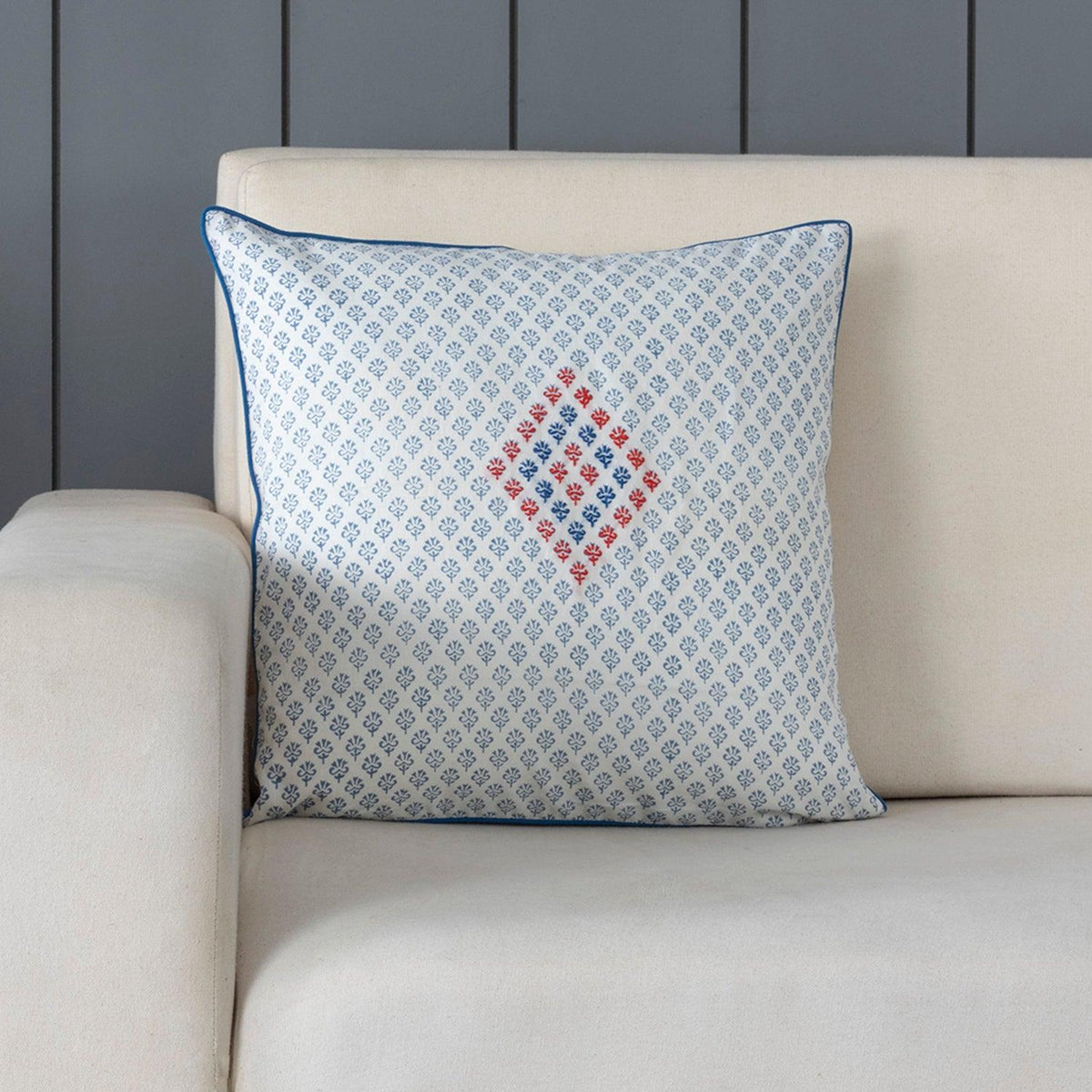 Embroidered Block Printed Cushion Cover, 16x16, Blue - Eyaas