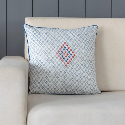 Embroidered Block Printed Cushion Cover, 16x16, Blue - Eyaas