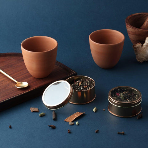 Terracotta Kullhads & Masala Chai (40 gms) Gift Set - Eyaas