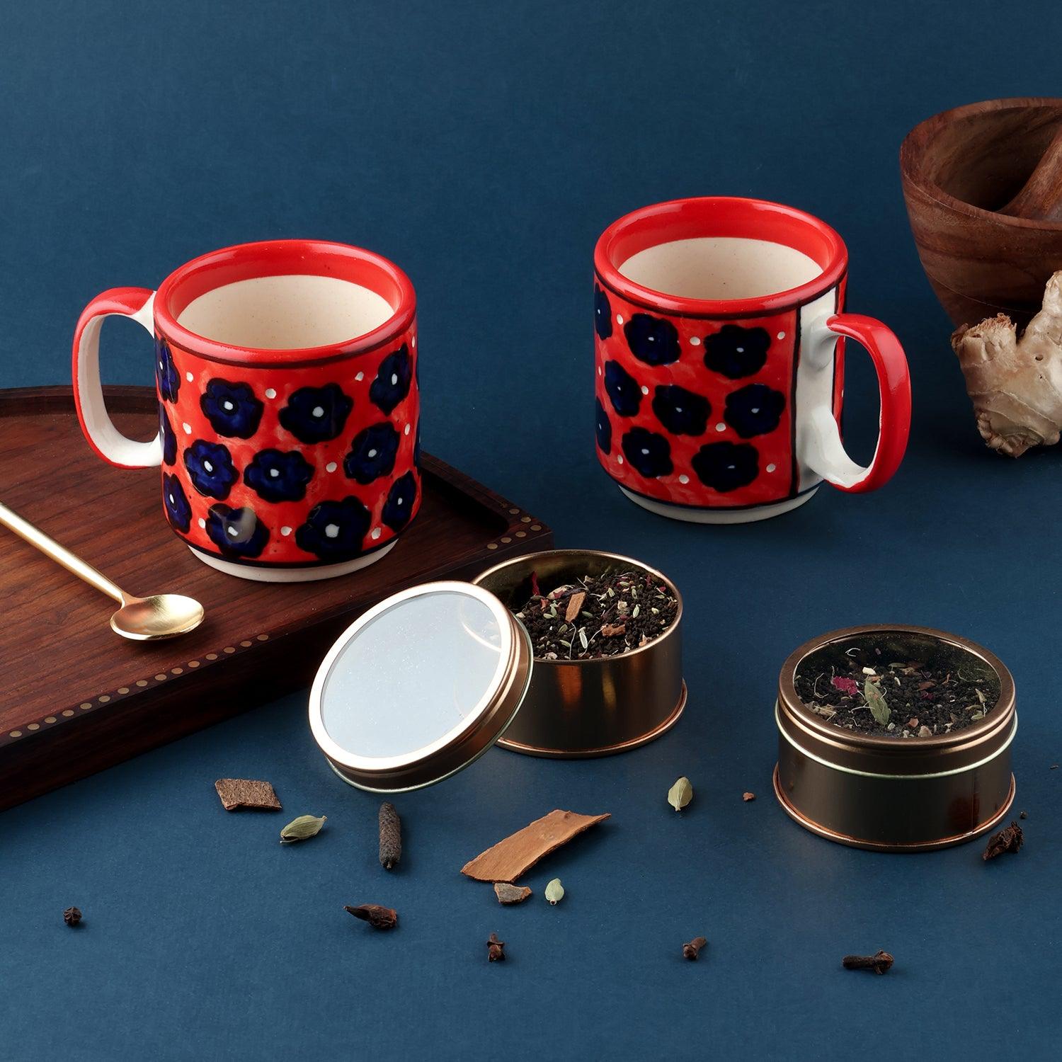 Red Floral Hand-Painted Ceramic Cups & Masala Chai (40 gms) Gift Set - Eyaas