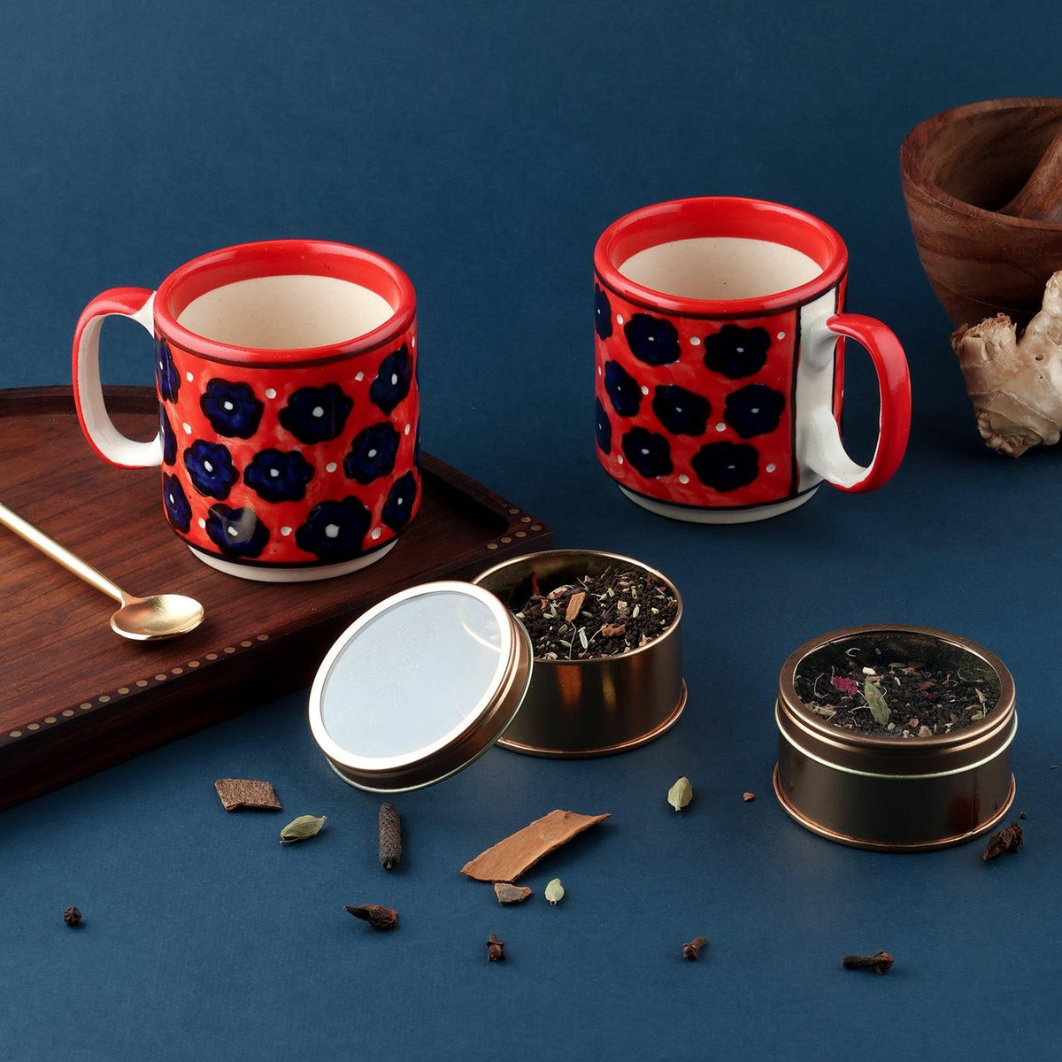 Red Floral Hand-Painted Ceramic Cups & Masala Chai (40 gms) Gift Set - Eyaas