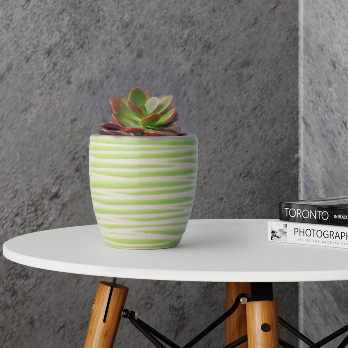 Light Green Striped Ceramic Flower Pot