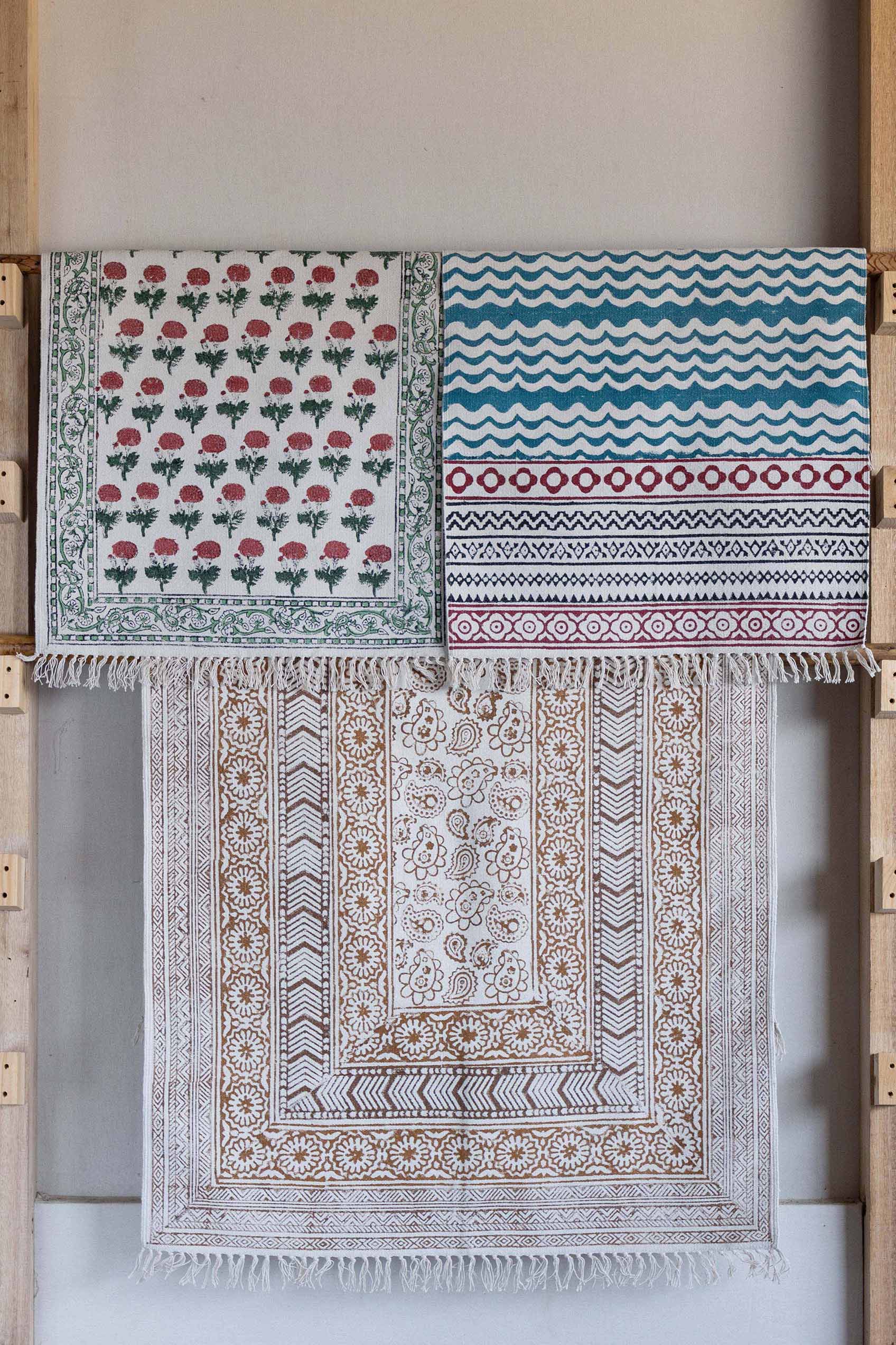 Handwoven & Hand Block Printed Cotton Rug - White Pink Green - 2x6