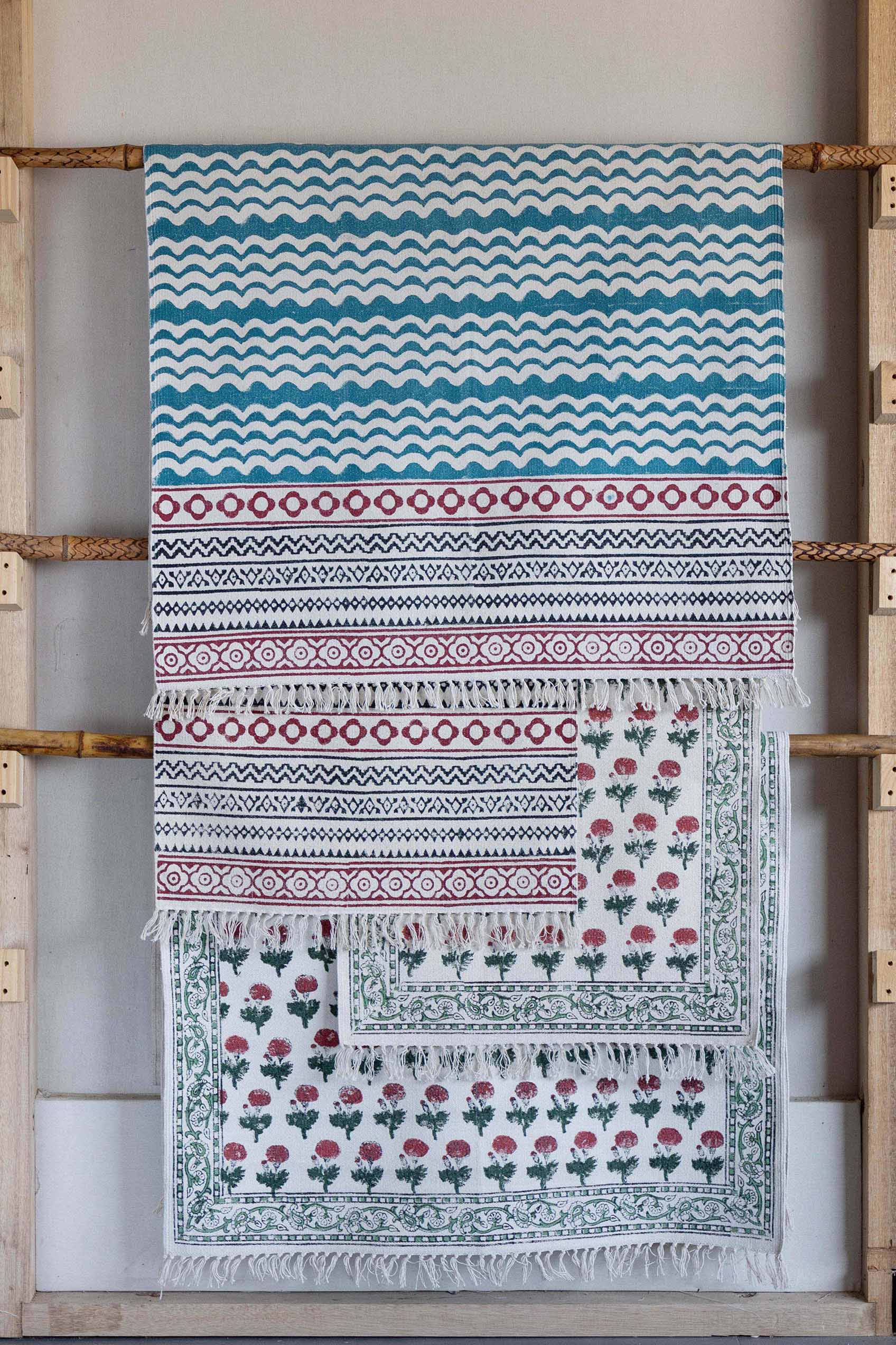 Handwoven & Hand Block Printed Cotton Rug - Blue/White - 2x3