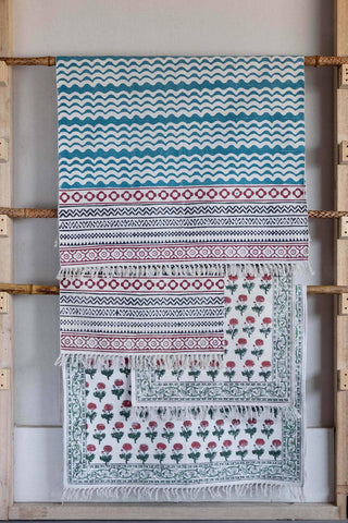 Blue Waves Cotton Kalamkari Dhurrie Rug – 2x3 - Eyaas