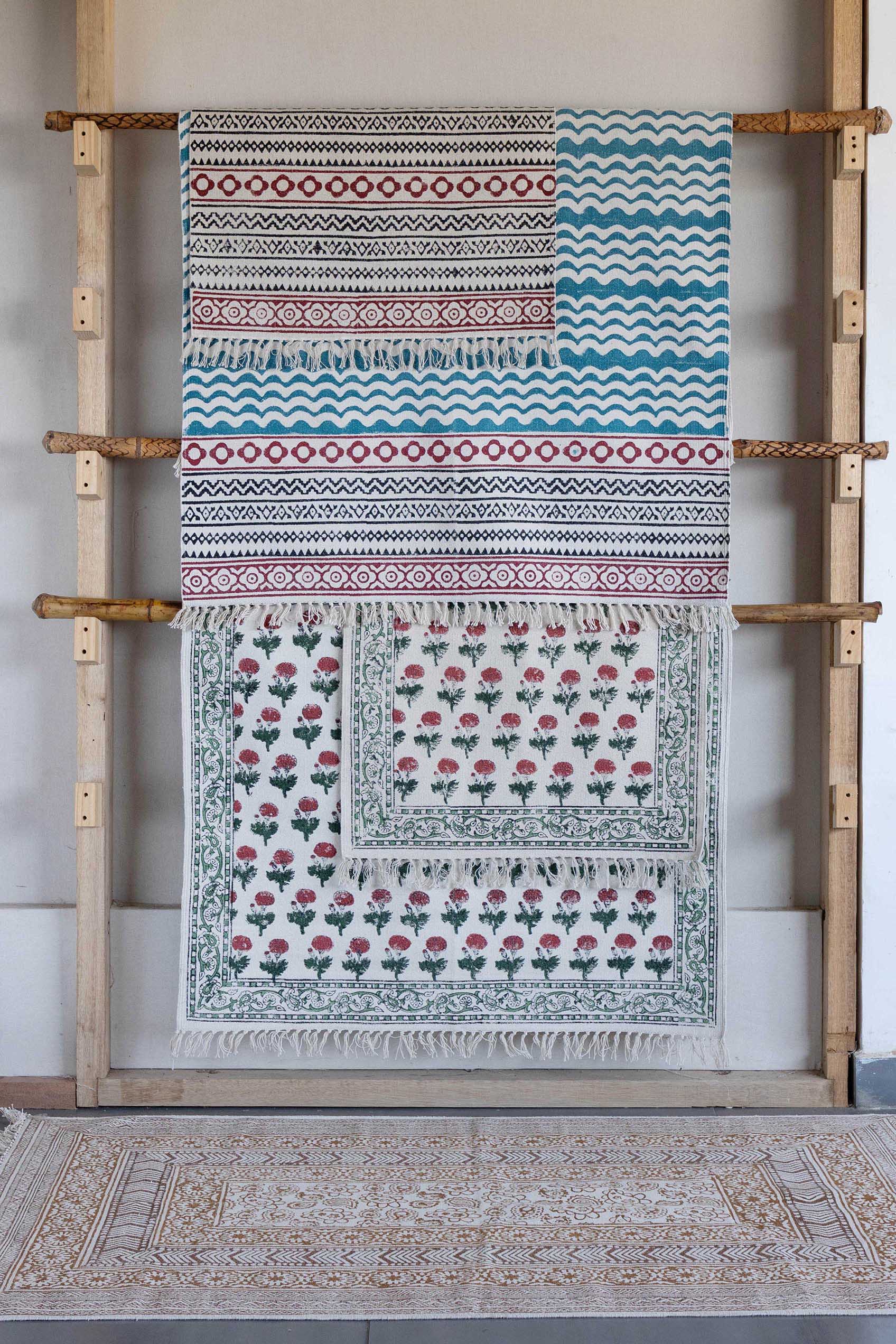 Handwoven & Hand Block Printed Cotton Rug - Blue/White - 2x3