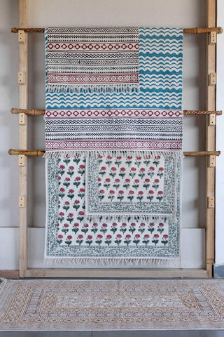 Blue Waves Cotton Kalamkari Dhurrie Rug – 2x3 - Eyaas