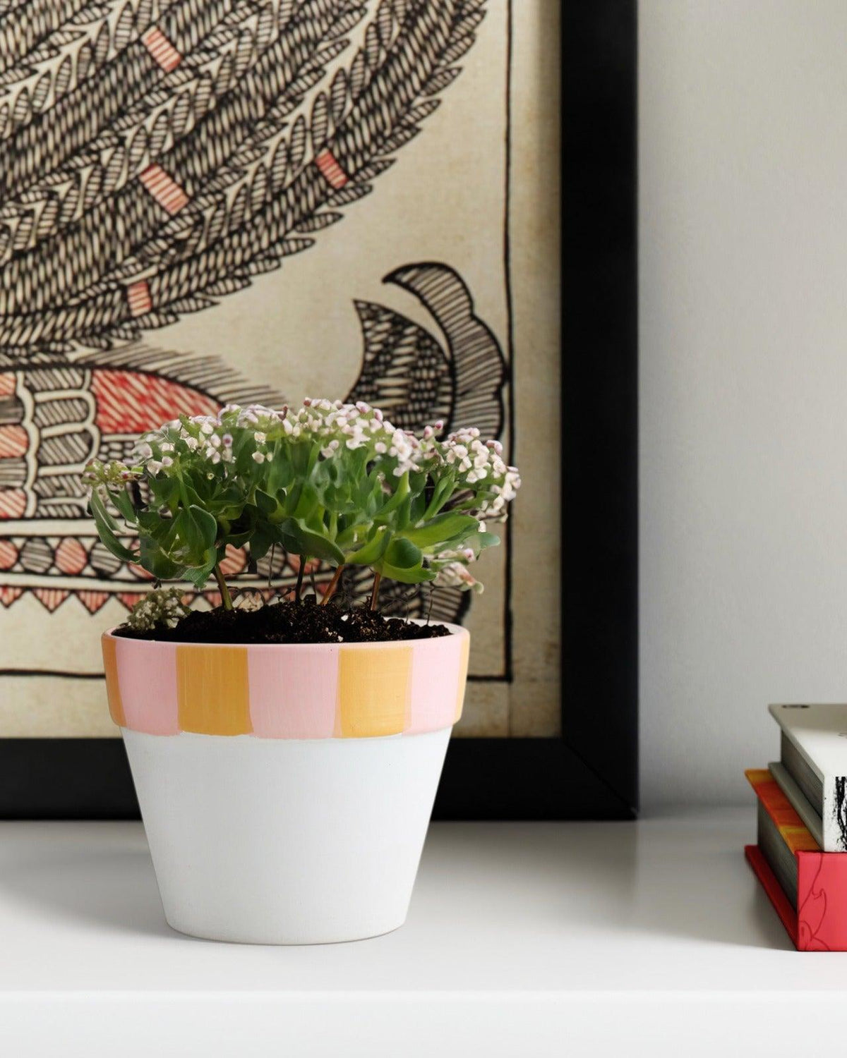 White Ceramic Planter, Peach, & Pink Striped - Eyaas