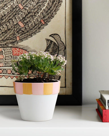 White Ceramic Planter, Peach, & Pink Striped - Eyaas